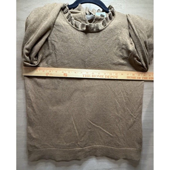 J. Crew Ruffle Neck Carmel Brown Sweater Pearl Button Size L Style AS298 - Picture 7 of 9